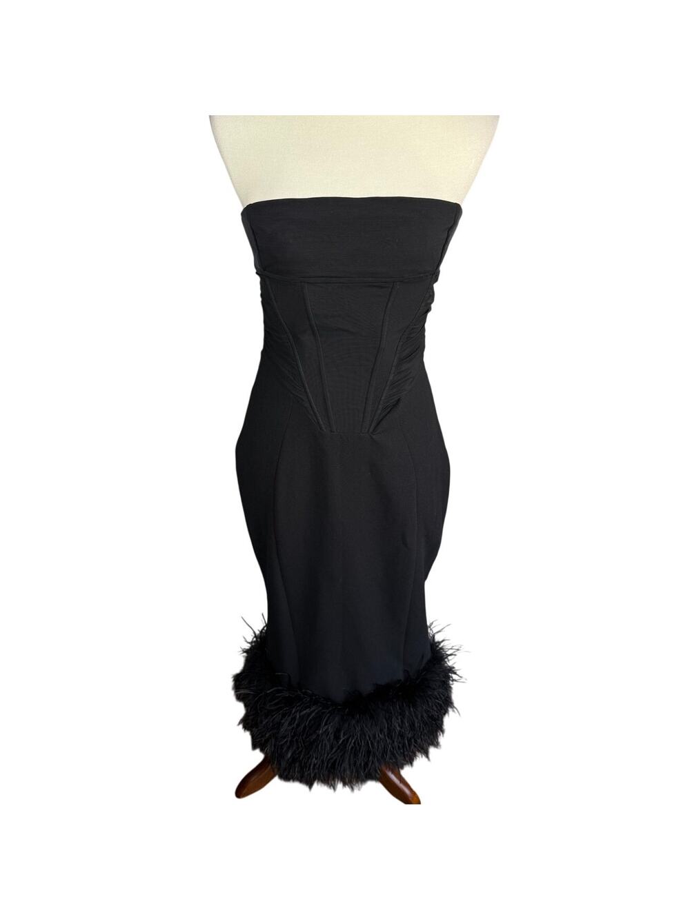 House of CB Fionula Strapless Feather Hem Corset Cocktail Midi Dress L